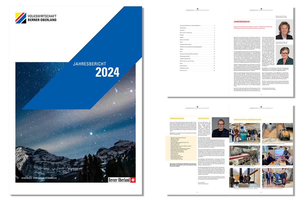 2024-jahresbericht-titelbild Jahresbericht 2024 mit dem Inhaltsverzeichnis auf der ersten Seite. Auf der zweiten Seite der Jahresrückblick von Präsidentin Marianna Lehmann und Geschäftsführerin Susanne Huber. Firmenbesuche und Wirtschaftsthemen auf der dritten und vierten Seite.